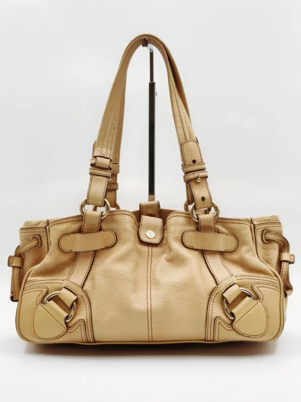 Celine Boogie Bag Beige Grained Leather Shoulder Tote Satchel Silver Hardware